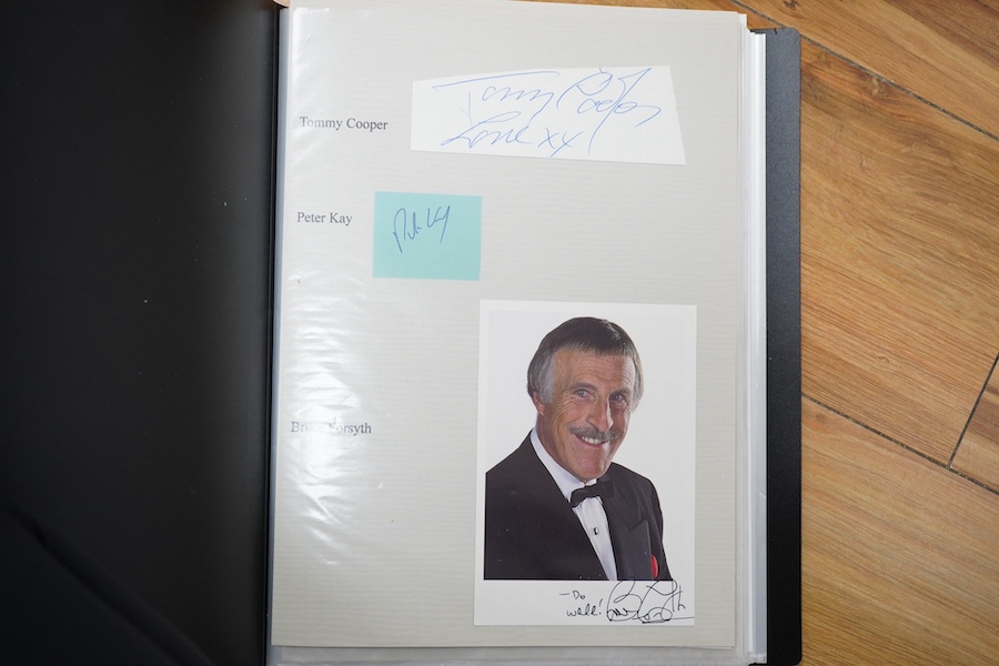 A collection of autographs, signed photos, signed theatre programs, theatre tickets, etc. contained within four folders, celebrities include; Tommy Cooper, Peter Kay, Bruce Forsyth, Roy Bremner, Ruby Wax, Dawn French, Vi